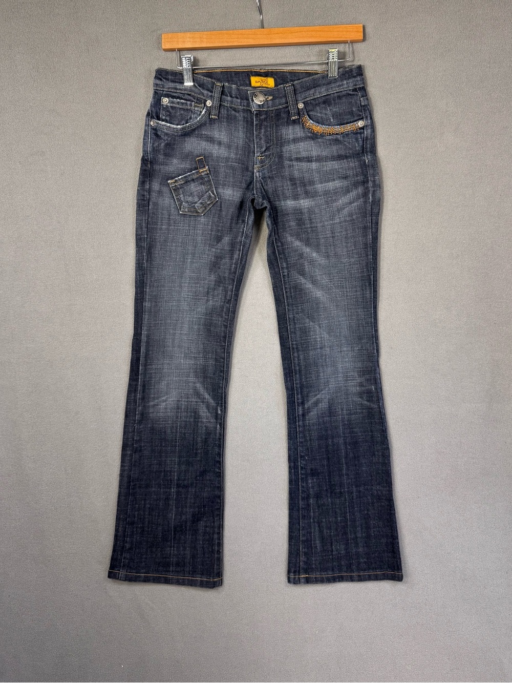 Vintage Y2K Angel Premium Dark Wash Bootcut Jeans, Embroidered Pockets, 5